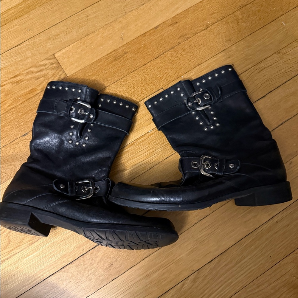 Stuart Whitman Black Studded Buckle Leather Moto Boots